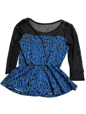 Y2K Blue Cheetah Top Black Mesh Long Sleeve Stretch Blouse Womens Sz L Peplum